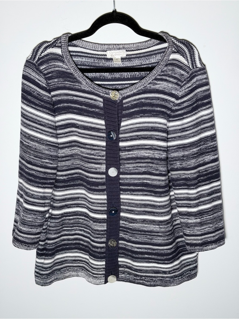 Christopher & Banks Navy and White Striped Knit Cardigan